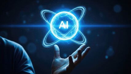 Hand holding a glowing AI atom symbol with orbiting rings artificial intelligence