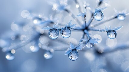 Macro shot of frost-covered plant stem with water droplets reflecting light close-up