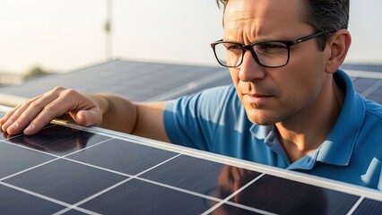 Man in Glasses Inspecting Solar Panels on a Rooftop image photo