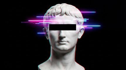 Classical white marble statue with black censorship bar on eyes and neon glitch