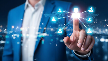 Businessman touching digital network of people icons on city background