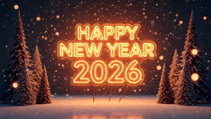 Happy new year 2026 neon sign in a magical winter wonderland scene with festive bokeh lights