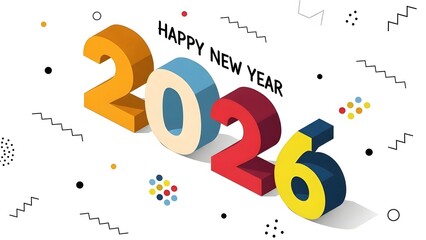 A colorful isometric illustration of "happy new year 2026" with geometric design elements