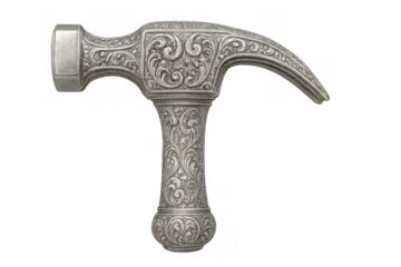 Ornate silver claw hammer with intricate filigree engraving, elegant vintage hand tool representing strength and craftsmanship, transparent background