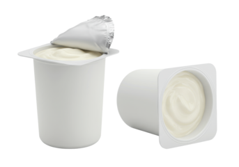 transparent plastic dairy container with creamy yogurt, partially peeled silver foil lid, macro shot on transparent studio background, high-key lighting. concept for minimalist dairy packaging