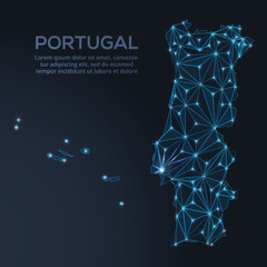 Low-poly vector map of Portugal featuring glowing city lights and population density illustrated through star-like dots and cosmic shapes.