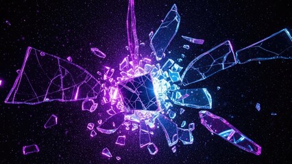 Shattering Cube Exploding into Neon Purple and Blue Shards abstract explosion