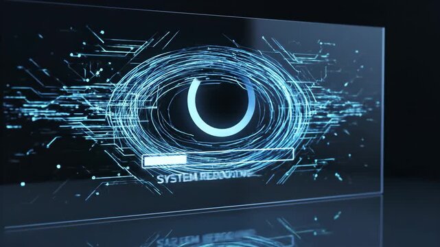 Holographic interface glitches with system error and reboots, showing digital circuits and loading animation.