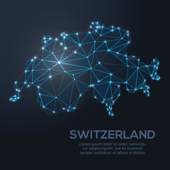 Low-poly vector map of Switzerland featuring glowing city lights and population density illustrated through star-like dots and cosmic shapes.