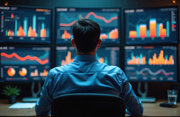 Man reviews multiple business charts and graphs on monitors. Analyst examines financial data and market trends on computer screens. Guy studies stock performance and economic indicators.