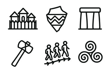 Fototapeta premium Ancient Civilization Icons. Past Civilization Themes linear set: settlement outline, artifact shard, monument silhouette, traditional craft tool, migration path, heritage symbol.