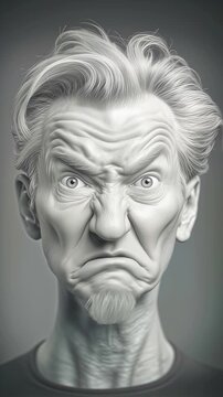 Highly detailed grayscale portrait of an angry elderly man grimacing