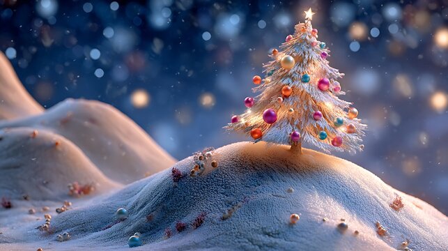 Snowy Mountain: An eye-level shot captures a festive winter wonderland with a decorated Christmas tree set atop a snow-covered mount, glowing with warm light.
