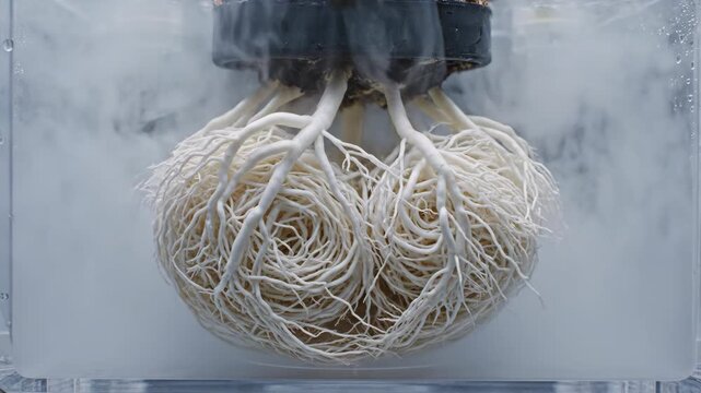 Time-lapse of plant roots growing in a hydroponic system with mist
