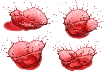 six ruby-red liquid splashes forming delicate crowns and thousands of suspended droplets, ultra-high-speed macro shot on white background Concept for beverage advertising