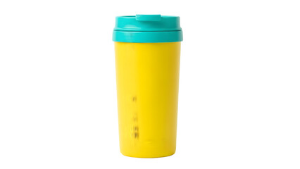 Yellow water bottle with teal cap isolated on transparent background.