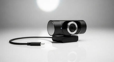 Sleek black webcam on a white surface ready for video conferencing and streaming