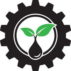 Black gear with green sprout and water drop inside white circle logo cogwheel plant