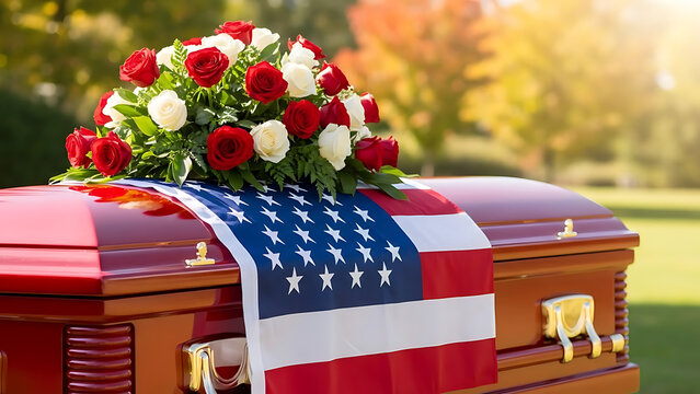 Military funeral with casket draped in american flag and roses