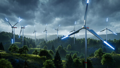 Futuristic wind turbines generating electricity on green hills under dramatic stormy sky clouds