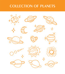 Linear collection of Planets illustration doodle icon on a white background