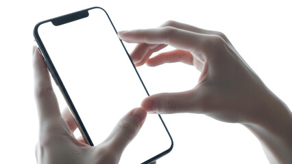 Hands holding and using a smartphone isolated on transparent background.