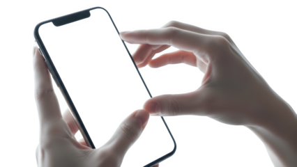 Hands holding and using a smartphone isolated on transparent background.