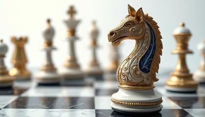 Close up of a gold and white ornate knight chess piece on a marble board. Other chess pieces are blurred in the background, suggesting a strategic game of wits.