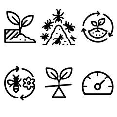 Ecological Icon Grid. Low-Light Habitat Networks linear set: shadowed plant tile, insect colony icon, nutrient cycling arrow, biotic interaction ring, ecological balance node,