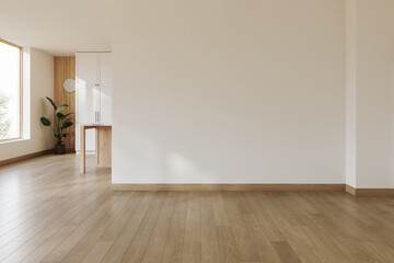 Empty, bright open-plan room featuring a large blank wall and a minimalist kitchen corner. Ideal copy space for design, advertising, and home staging concepts. 3d rendering