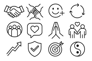 Collaborative Icon Set. Constructive Social Set linear set: greeting gesture, collaborative hands, positive vibe icon, teamwork loop, community circle, kind speech bubble, empathy