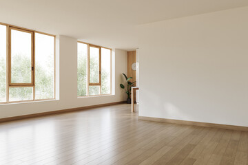 Obraz premium Minimalist empty room flooded with natural light, featuring light wood floor and serene garden view. Perfect staging space for modern interior concepts. 3d Rendering