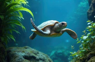 Obraz premium Sea turtle swims in clear blue ocean water. Marine reptile glides gracefully among rich green underwater plants, rocks. Wild animal explores natural tropical sea habitat. Healthy wildlife in pristine