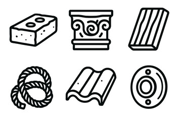 Ancient Material Icons. Ancient Construction Materials linear set: adobe brick, carved stone, wood plank, natural fiber rope, earthen tile, bronze fitting.