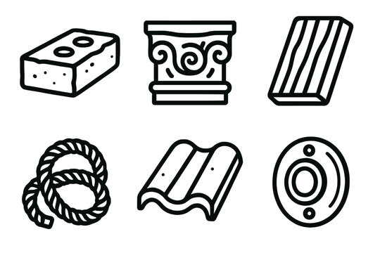 Ancient Material Icons. Ancient Construction Materials linear set: adobe brick, carved stone, wood plank, natural fiber rope, earthen tile, bronze fitting.