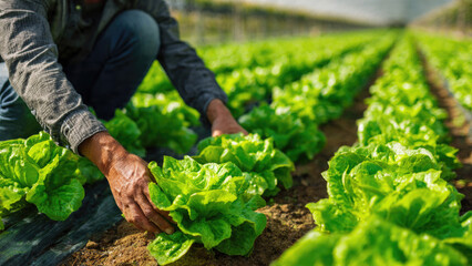 Farmer Inspecting Lettuce Crop