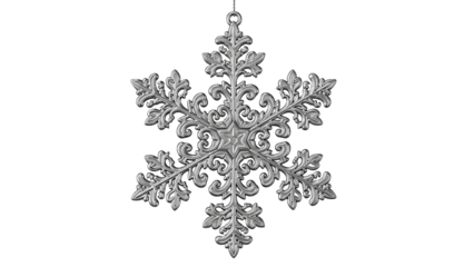 Ornate silver hanging snowflake Christmas ornament with intricate baroque filigree design