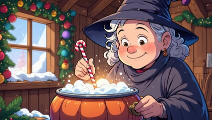 Whimsical witch stirring a magical potion in a cauldron surrounded by festive Christmas decorations and snowy window perfect for holiday fantasy themes
