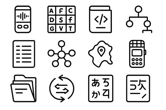 Linguistics Icon Set. Linguist Resource Set linear set: sound wave recorder, phoneme chart, grammar booklet, syntax diagram, word list sheet, semantic network icon, accent map,
