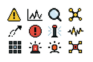 Risk Identification Icons. Risk Identification Set pixel style set: hazard marker, signal spike graph, scanning lens, network probe dot, movement trace, alert badge, boundary