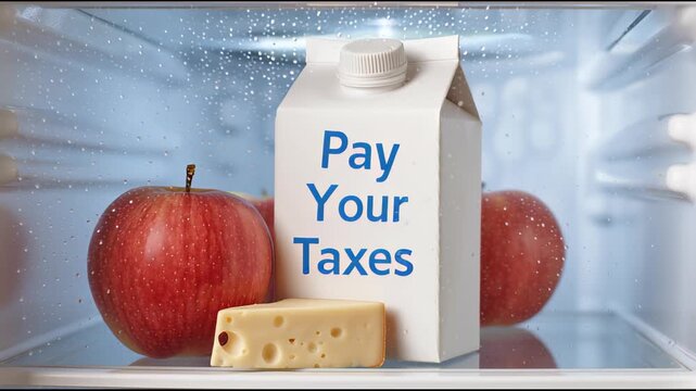 Fresh produce and tax reminder in refrigerator, showcasing apples and cheese, camera zooms in on carton, emphasizing importance of timely payments
