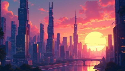 Obraz premium Futuristic city skyline with many skyscrapers at sunset. Tall buildings rise above river, reflecting vibrant sky colors. Large sun glows over modern urban landscape. Bridges connect parts of tech