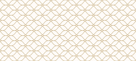 Fototapeta premium Luxury golden vector seamless pattern in Islamic style. Delicate mesh, grid, lattice, net, thin curved lines. Abstract gold and white minimal geometric ornament. Elegant repeating background texture