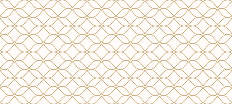 Luxury golden vector seamless pattern in Islamic style. Delicate mesh, grid, lattice, net, thin curved lines. Abstract gold and white minimal geometric ornament. Elegant repeating background texture