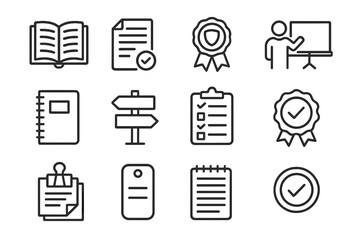 Instructor Support Icons. Instructor Support Materials linear set: teaching guide, agenda sheet, trainer emblem, board graphic, learner workbook, direction pointer, progress