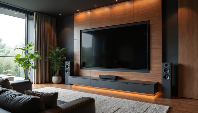Modern living room with home theater system. Large TV mounted on wooden wall paneling. Soundbar and speakers set up for entertainment. Leather sofa and plants in the room. Natural light from window.