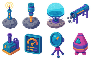 Futuristic Resource Harvesting Icons. Off-World Resource Harvesting flat isometric set: asteroid approach beacon, drilling spindle, dust mitigation shield, ore conveyor tube,