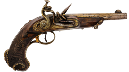 Antique vintage flintlock pistol weapon isolated for historical and pirate concepts.

