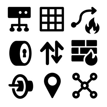 Brutalist Network Icons. Virtual Network Management Set silhouette set: virtual switch, subnet grid, routing path, firewall rule icon, VPN tunnel, traffic flow arrows, endpoint