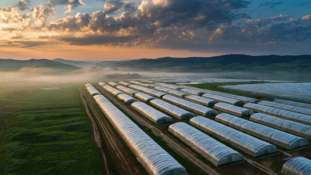 Greenhouses in the field at sunrise - Powered by Adobe